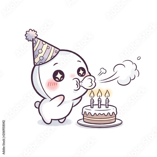 Cute cartoon character blowing birthday cake candles.