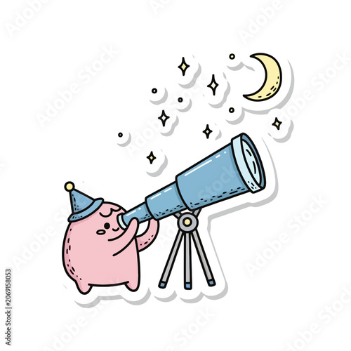 Cute Cartoon Character Observing Night Sky Through Telescope.