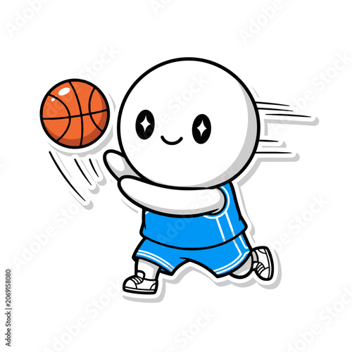 Cute Cartoon Character Playing Basketball in Blue Uniform.