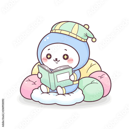 Cute Cartoon Character Reading Book Sitting on Cushions.