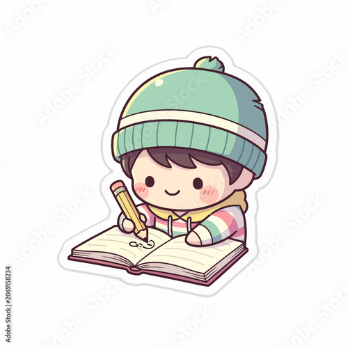 Cute child writing in notebook with pencil.