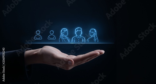 Hand presenting holographic interview performance symbol representing interview questions performance in empty space background � Creative Concept for Business, Marketing and Advertising Content