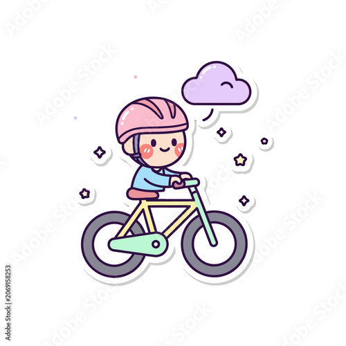 Cute child riding bicycle with safety helmet illustration.