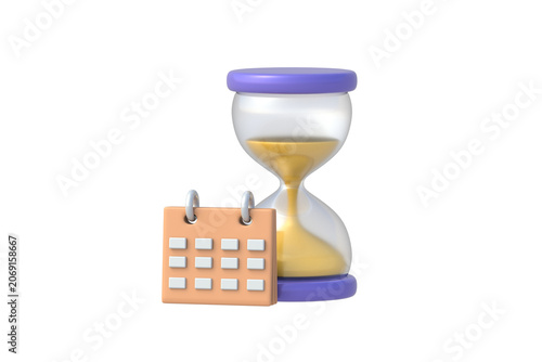 Effective time management. Deadline planning. Business schedule optimization. Workflow task organization. Urgent appointment. Hourglass and calendar isolated on white background. 3d render