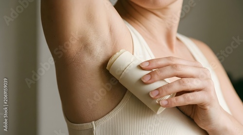 Close up of woman hand applying roll-on deodorant stick to underarm body hygiene skincare