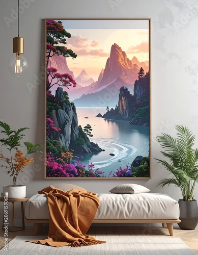 Serene mountain landscape painting with calm water and blooming flora