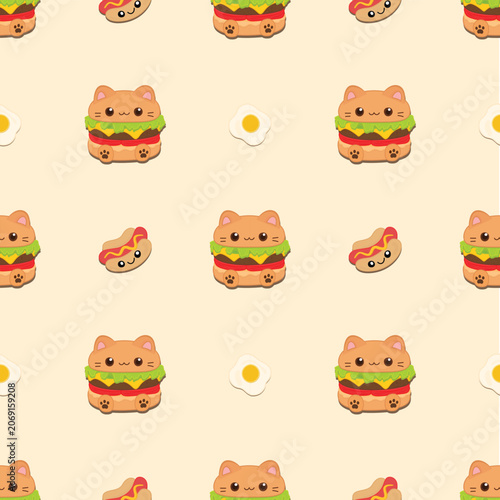 Cute Kawaii Cat Burger Seamless Pattern with Hot Dog and Fried Egg – Adorable Food Cartoon Background