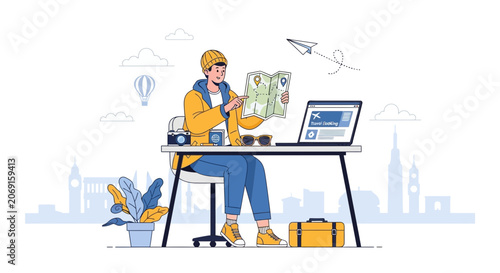Travel Planning with Map and Laptop, Illustration