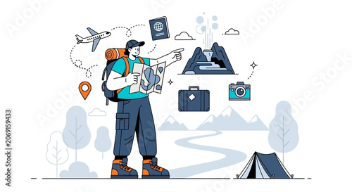 Traveler planning adventure with map, passport, plane, and mountain icons