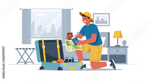 Traveler packing suitcase, planning vacation with passport and map in hotel room