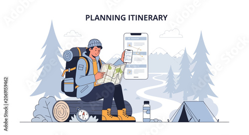 Traveler planning itinerary with map and phone in scenic nature landscape