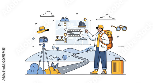 Traveler planning route on map with backpack, camera, hat, sunglasses, suitcase