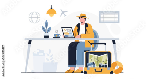 Traveler planning trip on tablet with luggage and map, modern flat illustration