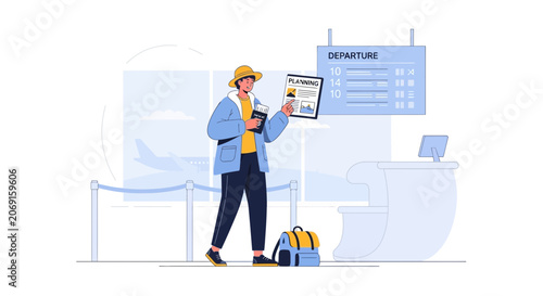 Traveler with Passport and Itinerary at Airport Departure Board