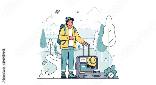 Traveler with Suitcase and Backpack, Outdoor Adventure, Ready for Vacation
