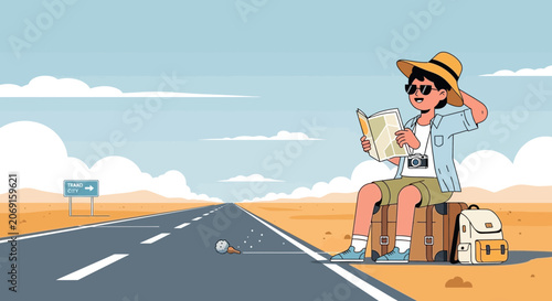 Traveller with map on suitcase by desert road, waiting for transport