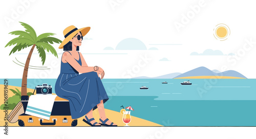 Woman on beach with suitcase and palm tree, enjoying vacation