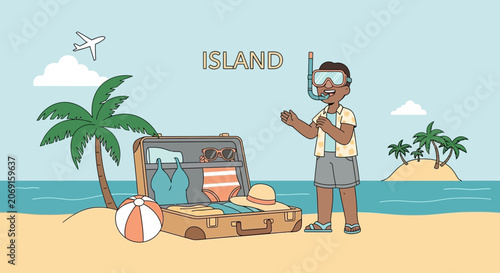 Tropical Vacation: Person with Snorkel Gear, Suitcase & Beach Ball on Island
