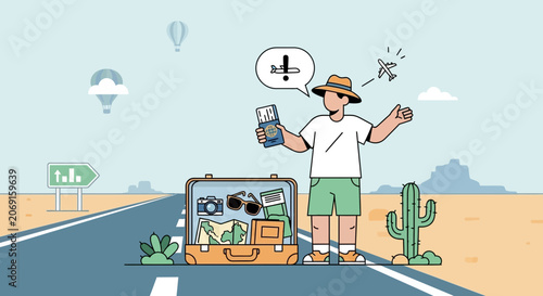 Traveler with Suitcase Hitchhiking on Desert Road, Planning Vacation