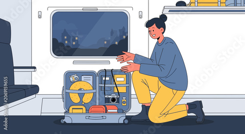 Woman packing suitcase for travel on train, journey planning