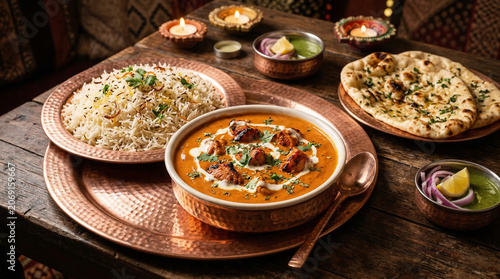 Traditional Indian butter chicken curry served with basmati rice and garlic naan on a rustic table, showcasing authentic South Asian cuisine.