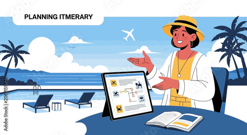 Woman Planning Vacation Itinerary on Tablet at Tropical Resort