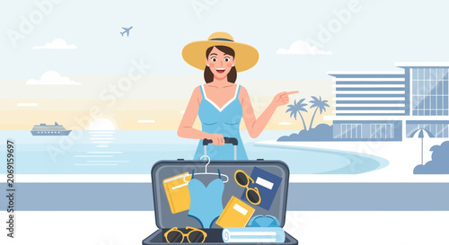 Woman Packing Suitcase for Tropical Vacation at Beach Resort
