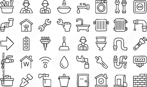 Canvastavla Home service outline symbols with plumber tools faucet sink and bathroom fixture