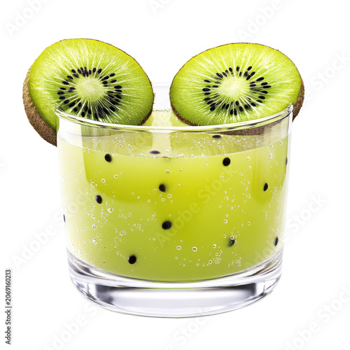 Refreshing kiwi juice with sliced kiwi garnish in a clear glass isolated on white background
