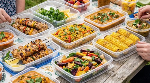 Assorted healthy meal prep containers with grilled vegetables, rice, and protein, showcasing balanced diet planning and organized weekly food preparation.