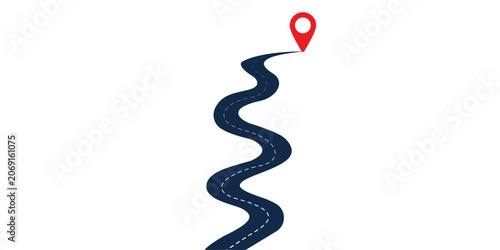Minimalist vector illustration of a winding road leading to a location pin marker. Perfect for navigation apps, GPS services, route planning, travel concepts, logistics, mapping systems