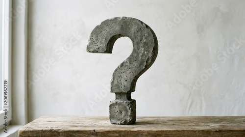Question mark symbol minimal concept. Large stone question mark sculpture on wooden surface against white wall