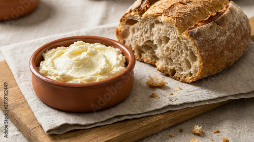Rustic artisan bread served with creamy butter on a wooden board, showcasing fresh homemade bakery products and traditional breakfast simplicity.