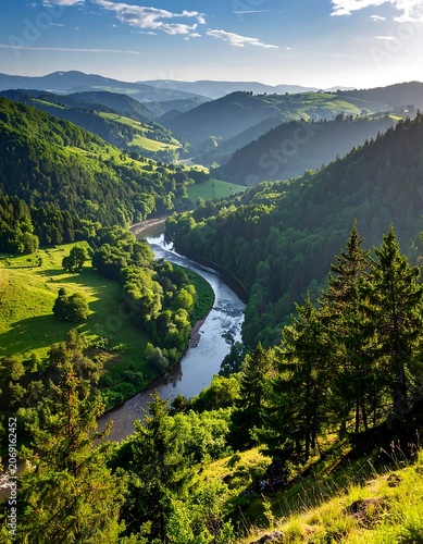 Serene mountain valley river landscape with lush greenery and sunlight