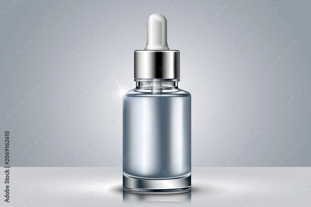 Naklejka premium Sleek silver dropper bottle with clear liquid, reflecting light, for cosmetic or pharmaceutical products.