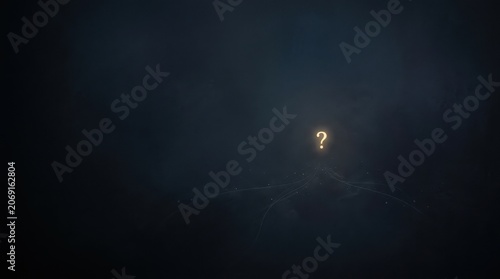 Question mark symbol minimal concept. Glowing question mark with multiple arrow paths on dark background symbolizing choice.