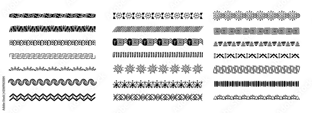 Fototapeta premium Borders in Ethnic Style. Aztec dividers, hand drawn tribal ornament. Hand drawn motive, doodle decoration. Boho stroke, scandinavian traditional native decor.