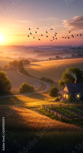 Golden Hour Serenity - A Picturesque Sunset Over Rolling Hills and a Cozy Farmhouse.