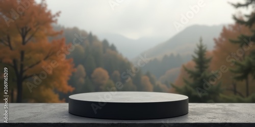 Serene Autumnal Vista with a Dark Gray Circular Display Platform on a Concrete Surface