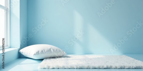 Serene Minimalist Room Scene Soft White Pillow Resting on Fluffy Rug in a Light Blue Room with Sunlight Streaming Through a Window