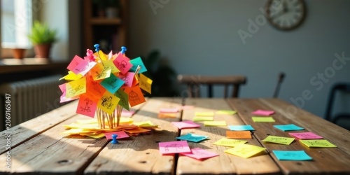 Colorful sticky notes arranged as a tree on a wooden table, symbolizing creative brainstorming and project planning