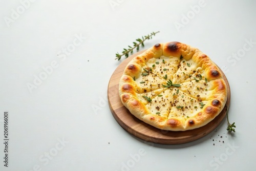 Aromatic, golden-brown cheesy flatbread, delicately sliced and seasoned with herbs, rests on a rustic wooden board, a culinary masterpiece ready to be savored.