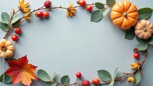 Autumnal Frame Featuring Gourds, Berries, and Leaves on a Light Blue Background