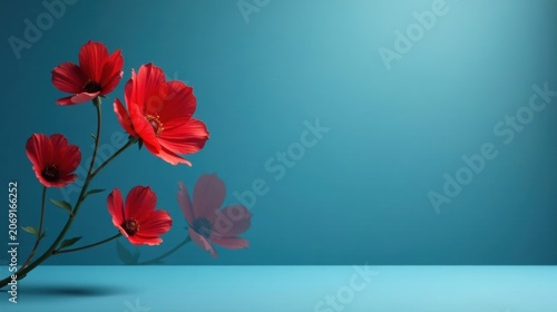 Vibrant Red Blooms on Teal Background A Study in Minimalist Floral Design Featuring Delicate Petals and a Simple Elegant Setting