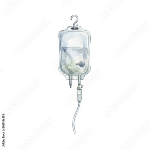 Watercolor illustration of a medical IV drip bag