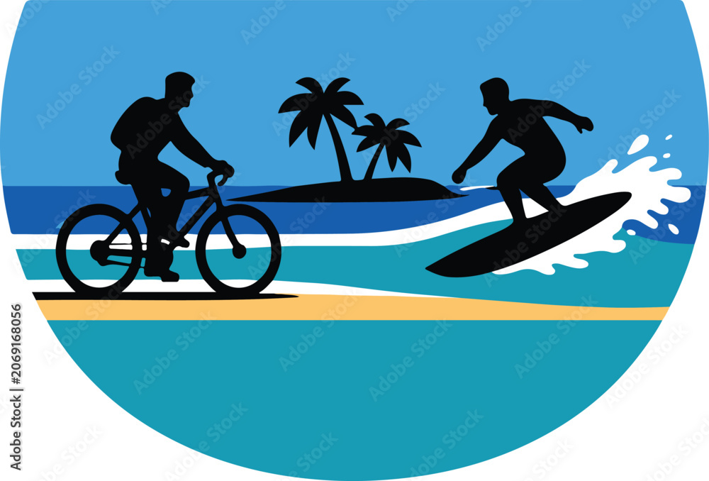 Naklejka premium Man riding bicycle and man surfing on beach with palm trees