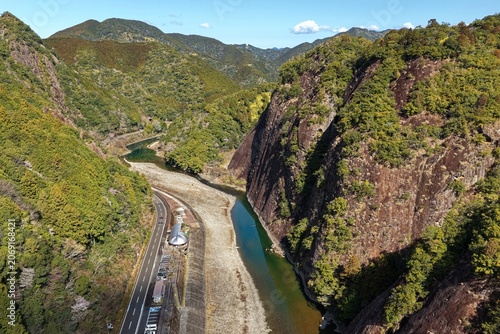 Aerial drone photo of Ichimaiwa rock cliff and Kozagawa River valley in Wakayama, Japan