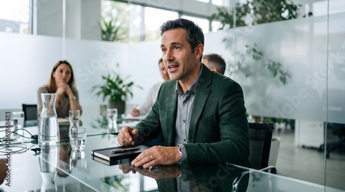 Male executive confidently speaking in a business meeting, gesturing with his hands in a sleek, modern office boardroom, with diverse colleagues attentively listening, capturing leadership and