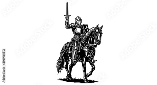 Knight on Horseback with Sword Raised in Battle Ready Pose.