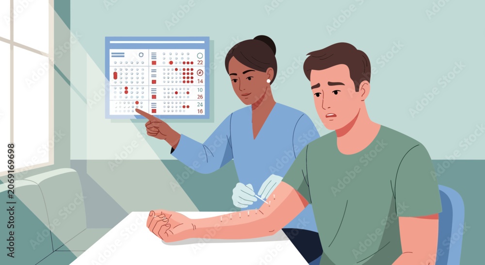 Fototapeta premium Doctor consulting patient about skin allergy test on arm with calendar chart